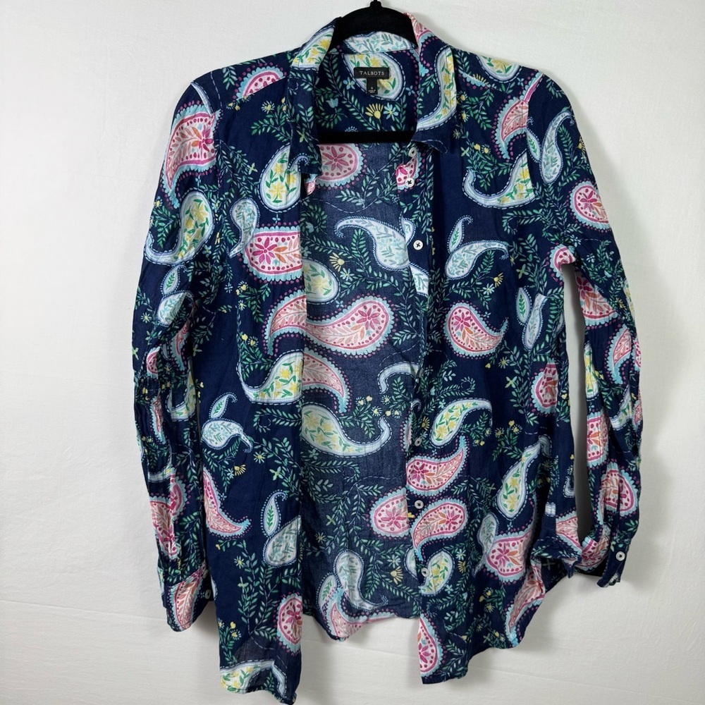 Talbots Navy and Yellow Floral Blouse Women’s size S - Picture 1 of 5